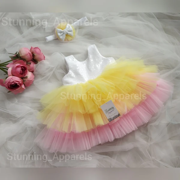 Milky Sequins Bow Multi Color Baby Pink Yellow Layered Frock  - lemon yellow, 9-12