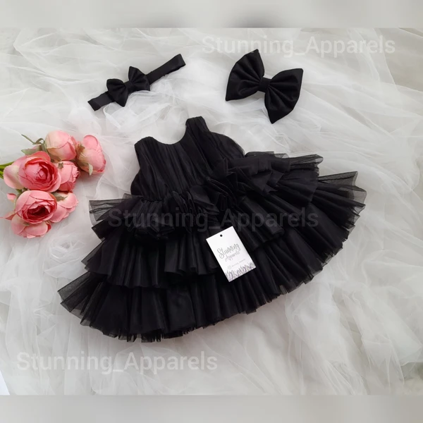 Double  Folded Layered Partywear Black Frock  - Black, 0-3 Months