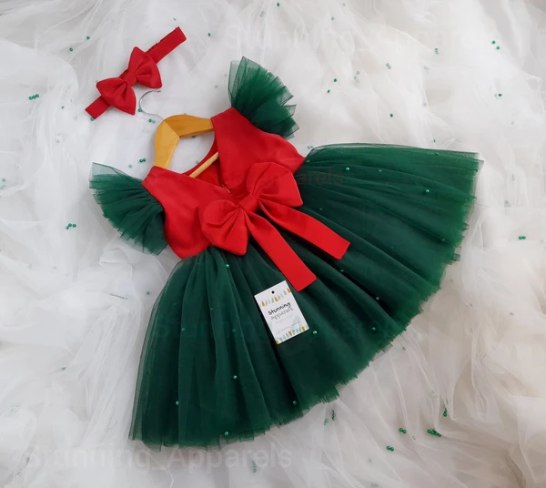 Green Pearls Work Christmas  Frock  - 3-6 Month