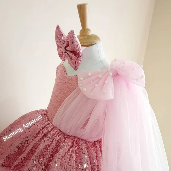 High-low Pattern Designer Pink Sequvence Frock  - baby pink, 3-4 Years