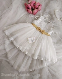 Pearls And Lace Work High - Low Designer Frock  - White, 9-12 Month