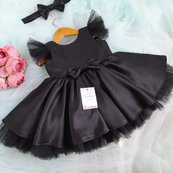 Designer Black Satin Partywear Frock  - Black, 0-3 Months