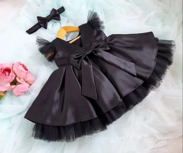 Designer Black Satin Partywear Frock  - Black, 0-3 Months