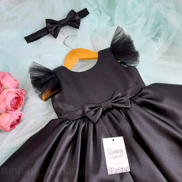 Designer Black Satin Partywear Frock  - Black, 0-3 Months