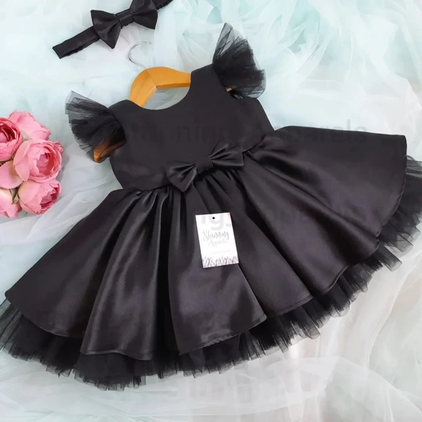 Designer Black Satin Partywear Frock  - Black, 2-3 Years