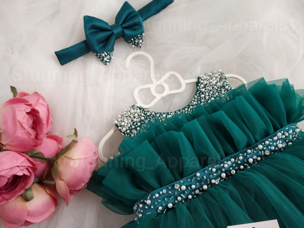 Premium Hand Beads Work Belted Ruffled Partywear  - Rama Green, 0-3 Months