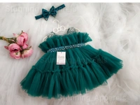 Premium Hand Beads Work Belted Ruffled Partywear  - Rama Green, 1-2 Years