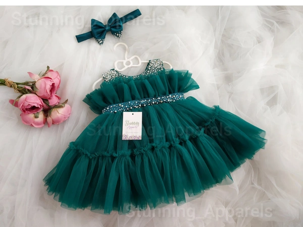 Premium Hand Beads Work Belted Ruffled Partywear  - Rama Green, 1-2 Years