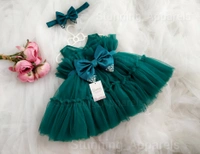 Premium Hand Beads Work Belted Ruffled Partywear  - Rama Green, 3-4 Years