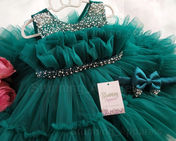 Premium Hand Beads Work Belted Ruffled Partywear  - Rama Green, 4-5 Years