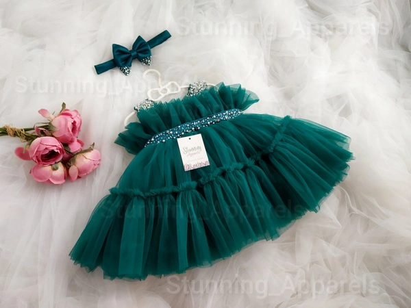 Premium Hand Beads Work Belted Ruffled Partywear  - Rama Green, 4-5 Years