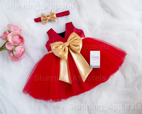 Golden Satin Bow Red Cute Frock  - 0-3 Months