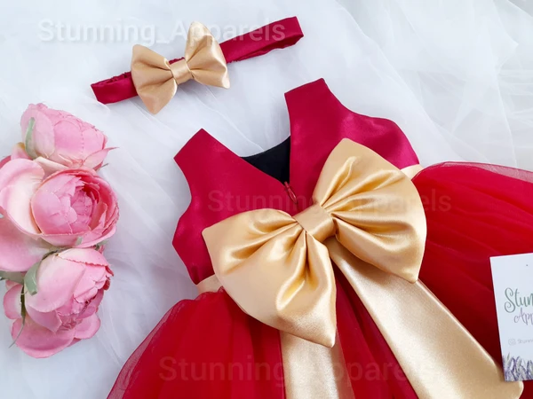 Golden Satin Bow Red Cute Frock  - 0-3 Months