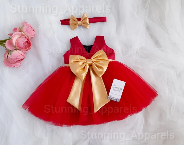 Golden Satin Bow Red Cute Frock  - 0-3 Months