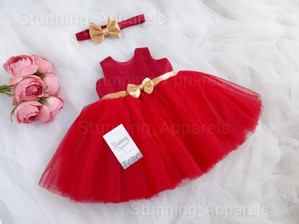 Golden Satin Bow Red Cute Frock  - 0-3 Months