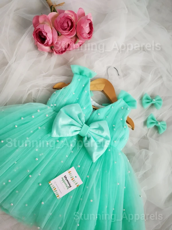Pearls Work Sea Green Frock  - 0-3 Months