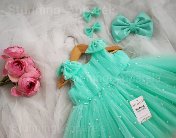 Pearls Work Sea Green Frock  - 3-6 Month