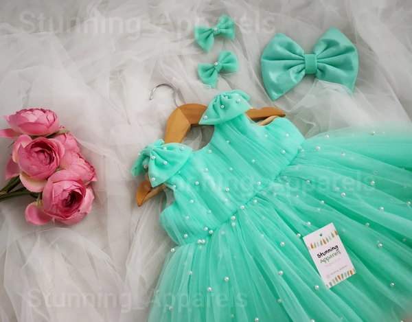 Pearls Work Sea Green Frock  - 6-9 Month