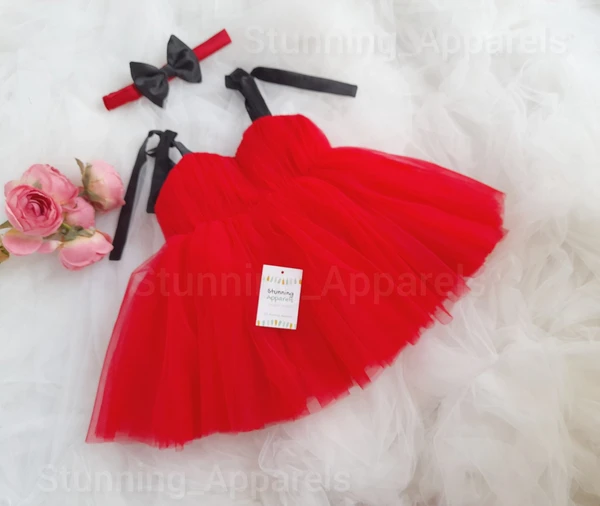 Black Satin Bow Strapped Red Frock  - 0-3 Months