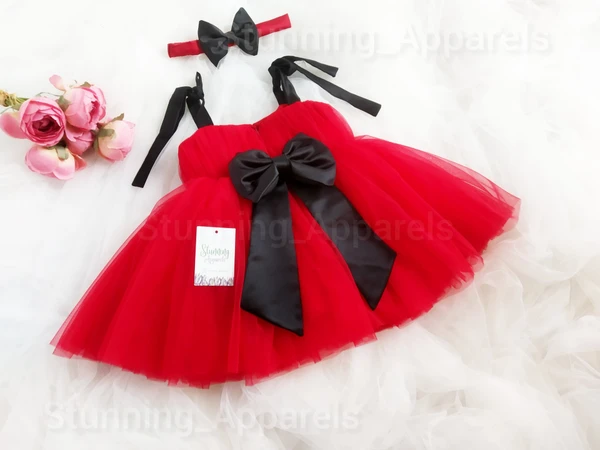 Black Satin Bow Strapped Red Frock  - 0-3 Months