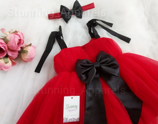 Black Satin Bow Strapped Red Frock  - 0-3 Months