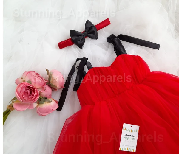 Black Satin Bow Strapped Red Frock  - 0-3 Months