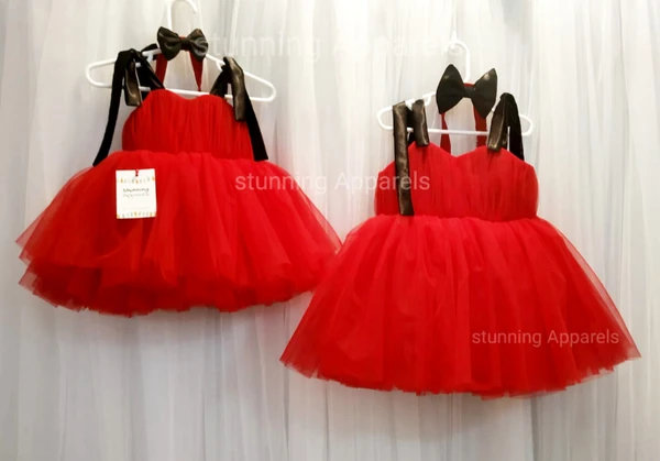 Black Satin Bow Strapped Red Frock  - 0-3 Months