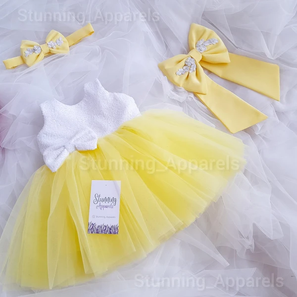 White Patch Work Lemon Yellow Partywear  Frick  - 0-3 Months