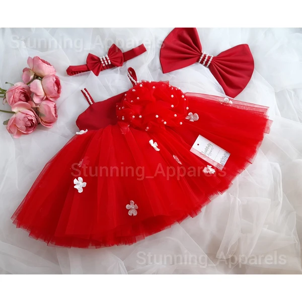 White Pearls And Flowers Work Strapped  Partywear Red Frock - 3-6 Month