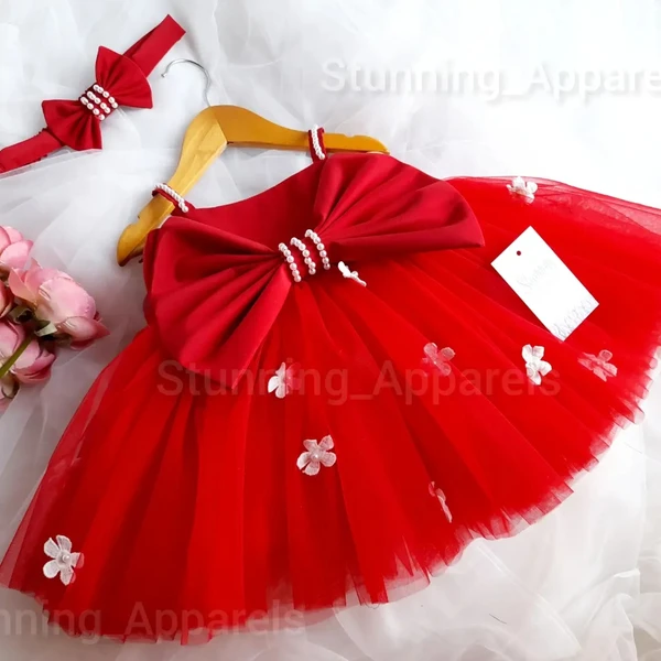 White Pearls And Flowers Work Strapped  Partywear Red Frock - 9-12 Month