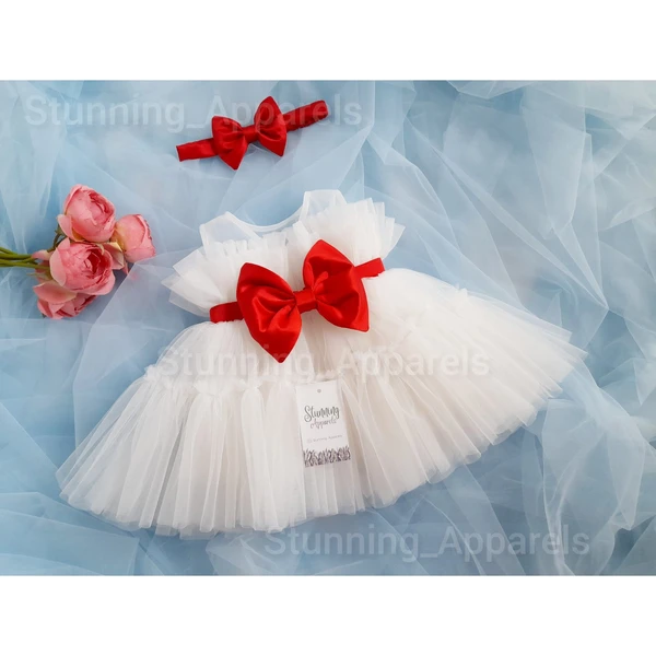 Red Satin Bow Ruffled Partywear White Frock  - 3-6 Month