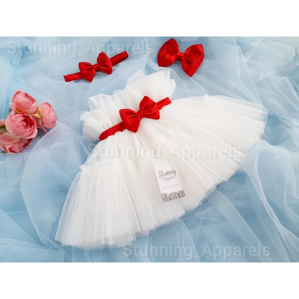 Red Satin Bow Ruffled Partywear White Frock  - 3-6 Month