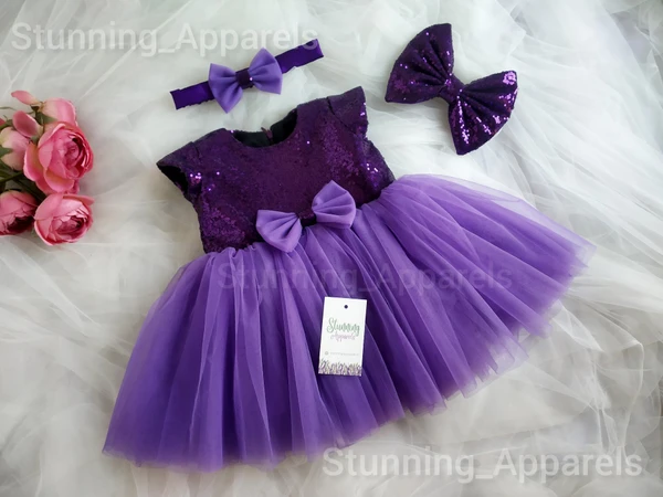 Cape Sleeves Purple  Sequvence  Baby Frock  - 1-2 Years