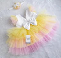 Pink And Yellow Layered Mlky Sequins Baby Frock  - 0-3 Months