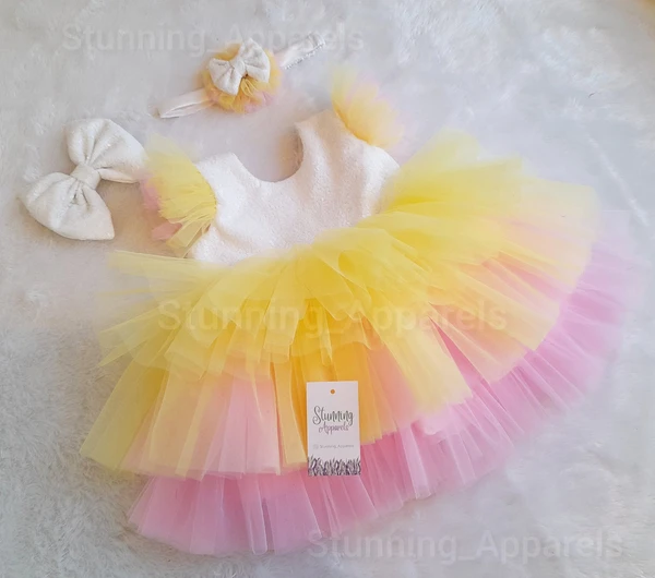 Pink And Yellow Layered Mlky Sequins Baby Frock  - 6-9 Month