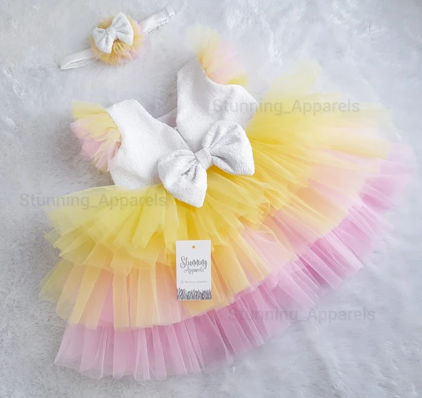 Pink And Yellow Layered Mlky Sequins Baby Frock  - 6-9 Month