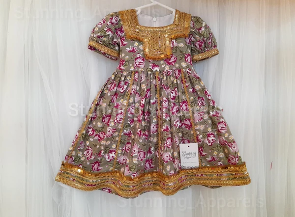 New Traditional  Flower Printed  Golden Matalic Lace Work Frock  - 6-9 Month