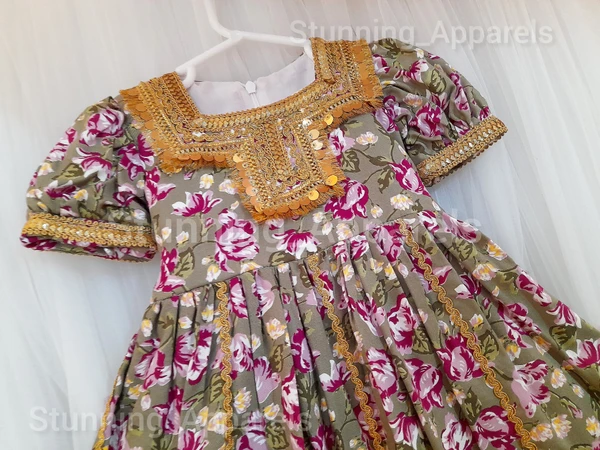 New Traditional  Flower Printed  Golden Matalic Lace Work Frock  - 6-9 Month