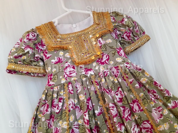 New Traditional  Flower Printed  Golden Matalic Lace Work Frock  - 9-12 Month