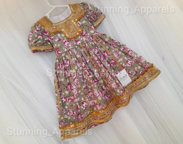 New Traditional  Flower Printed  Golden Matalic Lace Work Frock  - 9-12 Month