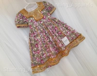 New Traditional  Flower Printed  Golden Matalic Lace Work Frock  - 2-3 Year