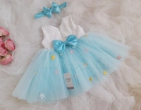 Multi Color Flowers Work Sky Ble Partywear Frock  - 0-3 Months
