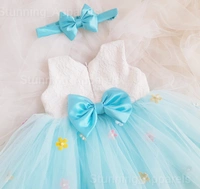 Multi Color Flowers Work Sky Ble Partywear Frock  - 0-3 Months