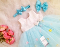 Multi Color Flowers Work Sky Ble Partywear Frock  - 3-4 Years