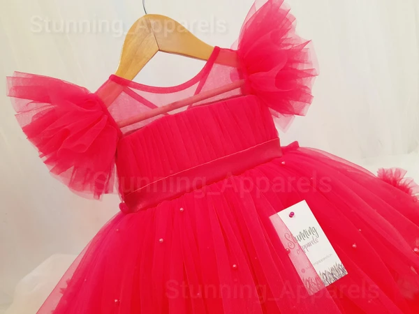 Mageta Pink Ruffled Pearls Work Primium  Partywear Frock  - 2-3 Years