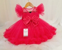Mageta Pink Ruffled Pearls Work Primium  Partywear Frock  - 6-9 Month
