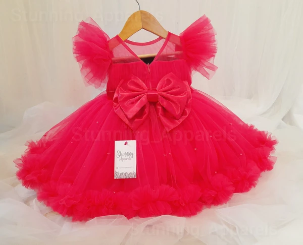 Mageta Pink Ruffled Pearls Work Primium  Partywear Frock  - 2-3 Years