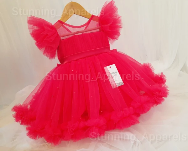 Mageta Pink Ruffled Pearls Work Primium  Partywear Frock  - 2-3 Years