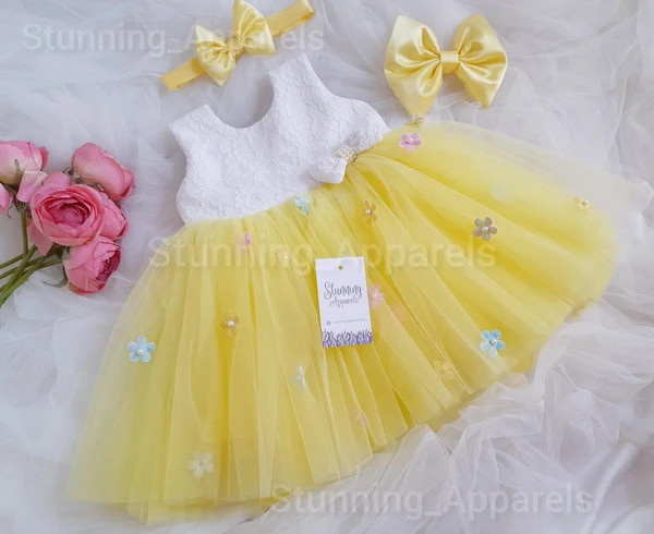 Multi Color Flower Work Yellow Frock  - 0-3 Months