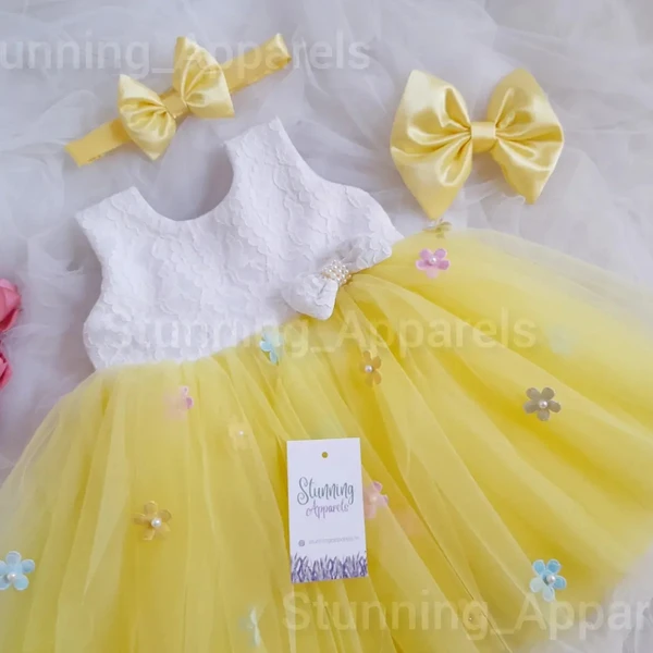 Multi Color Flower Work Yellow Frock  - 0-3 Months